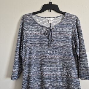 Christopher And Banks Blue Multi-Stripe Tie-Neck 3/4 Sleeve Top